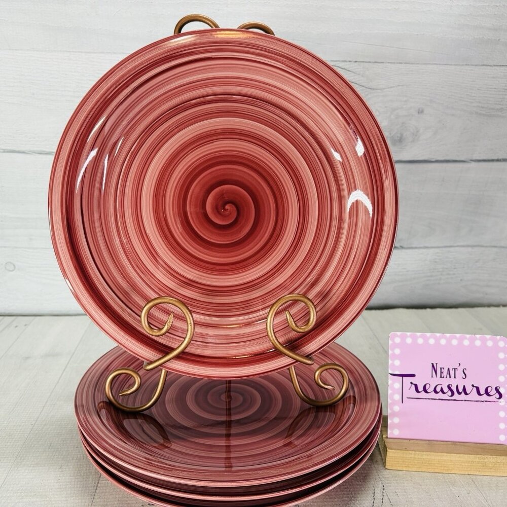 Citrus Grove SWIRL C8G5 Dark Red Pink Hand Paint Stoneware Dinner Plates Set 4